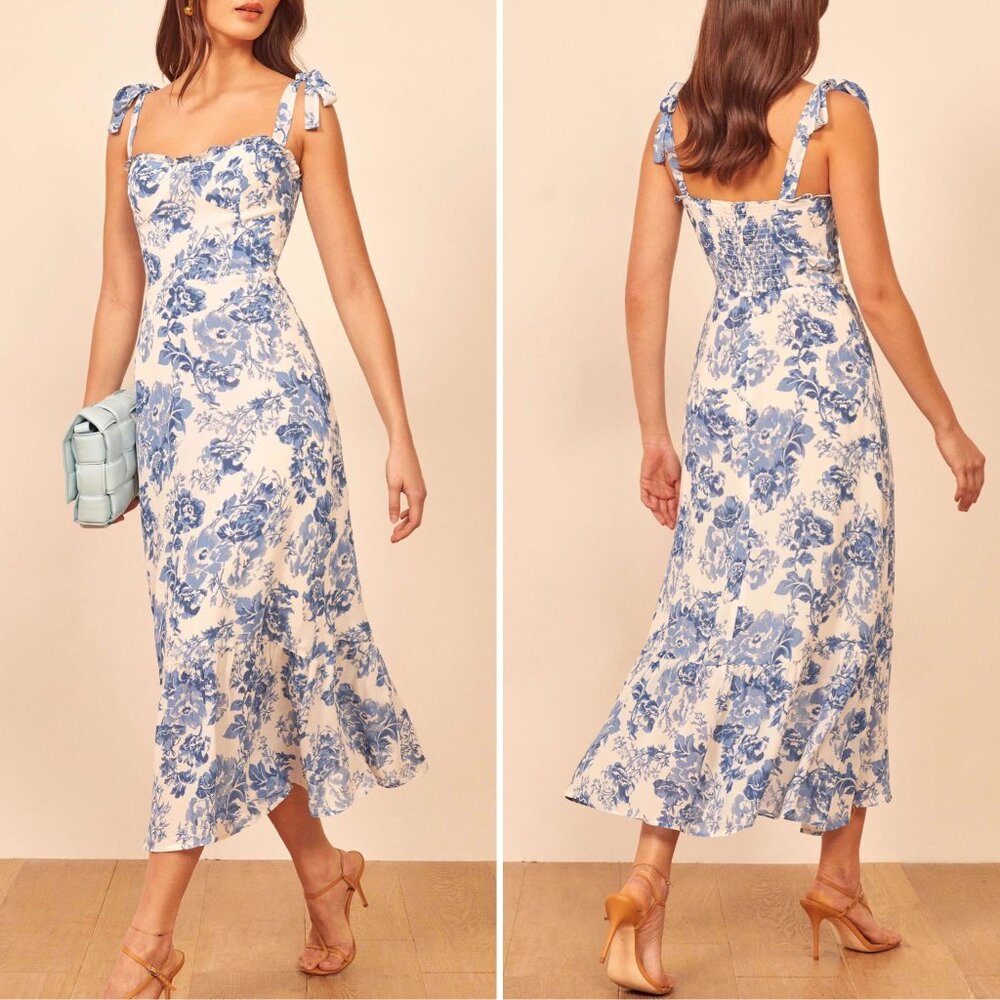 Blue Toile Floral Ruffle Midi Dress by Manu Reformation Nikita Olympia Size 6/S